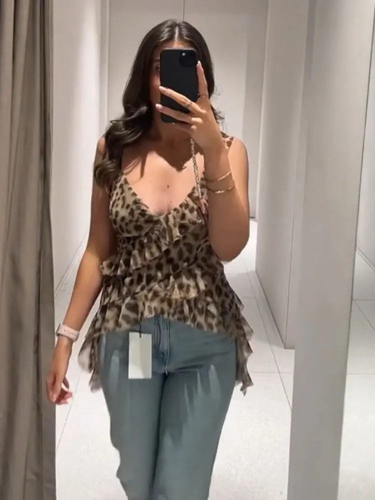 HH Women Fashion Ruffles Leopard Tank Tops Summer Asymmetric Thin Tulle Camisole Sexy Lady V Neck Backless Sling Top