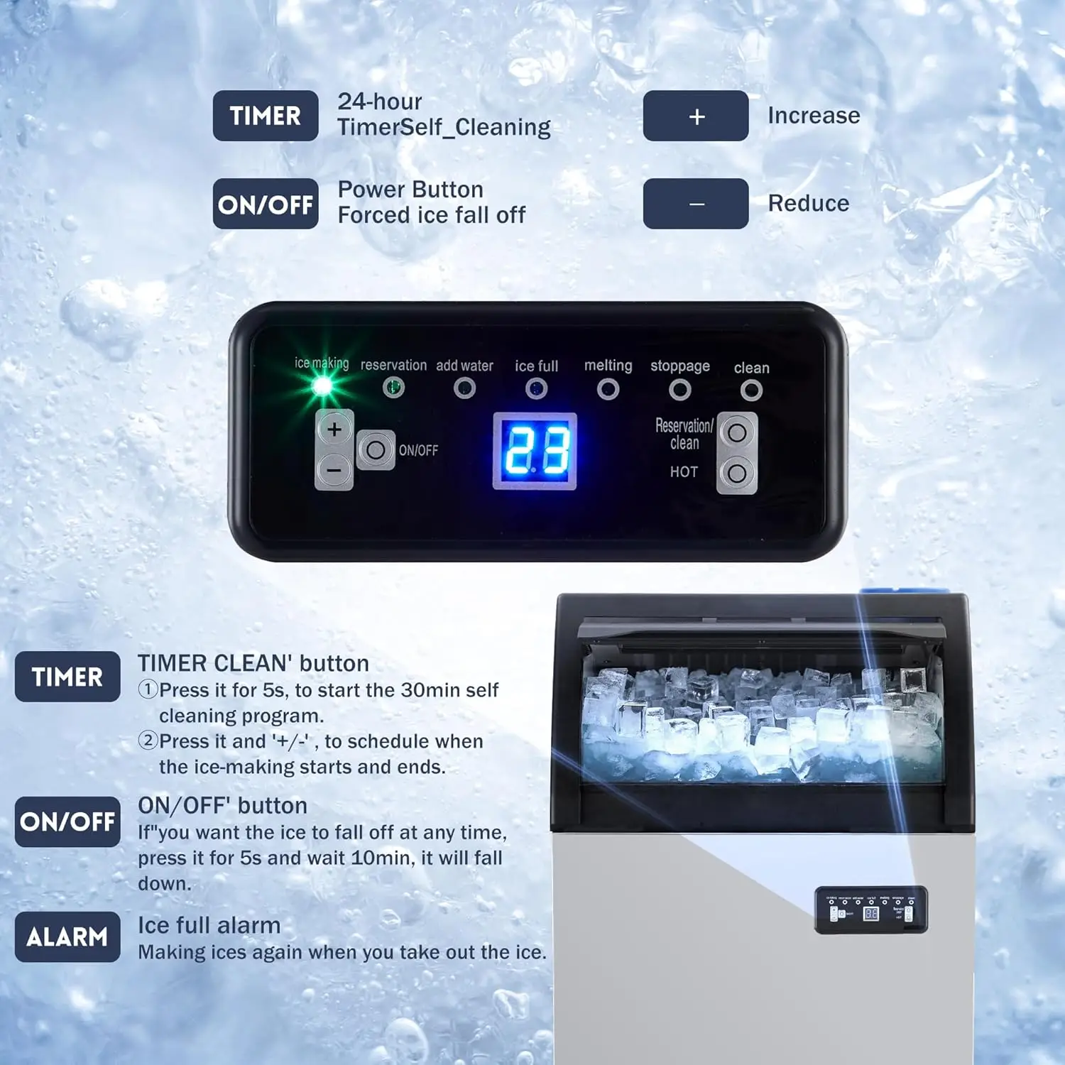 Commercial Ice Maker 100 Lbs/24H, Stainless Steel Freestanding Under Counter Ice Machine with 33 Lbs Storage, For Bar Home