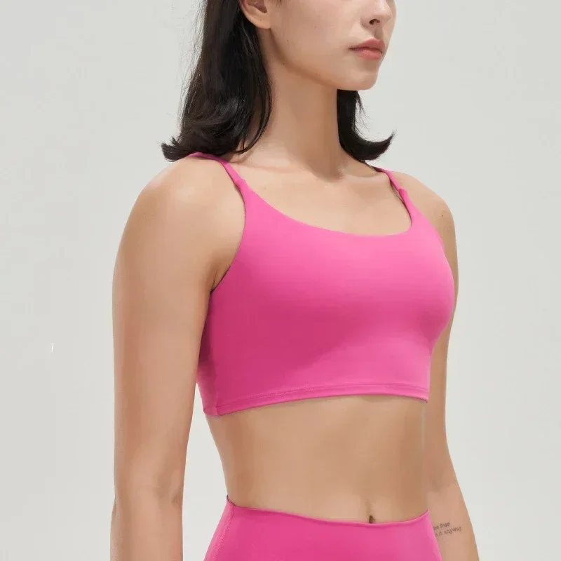 

Lulu Fitness Shock proof Yoga Sports Bra With Chest Pad Sexy Thin Belt Back Vest Half Suspender Running Training Underwear