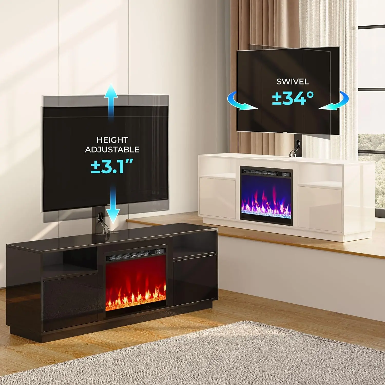 Fireplace TV Stand with Led Lights and Power Outlets, Entertainment Center with Electric Fireplace, Swivel TV Stand Mount 6