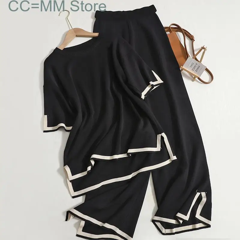 New Pants 2 Piece Set for Women Summer Korean Split O Neck Short Sleeve Knitted Tops High Waisted Wide Leg Long Pants