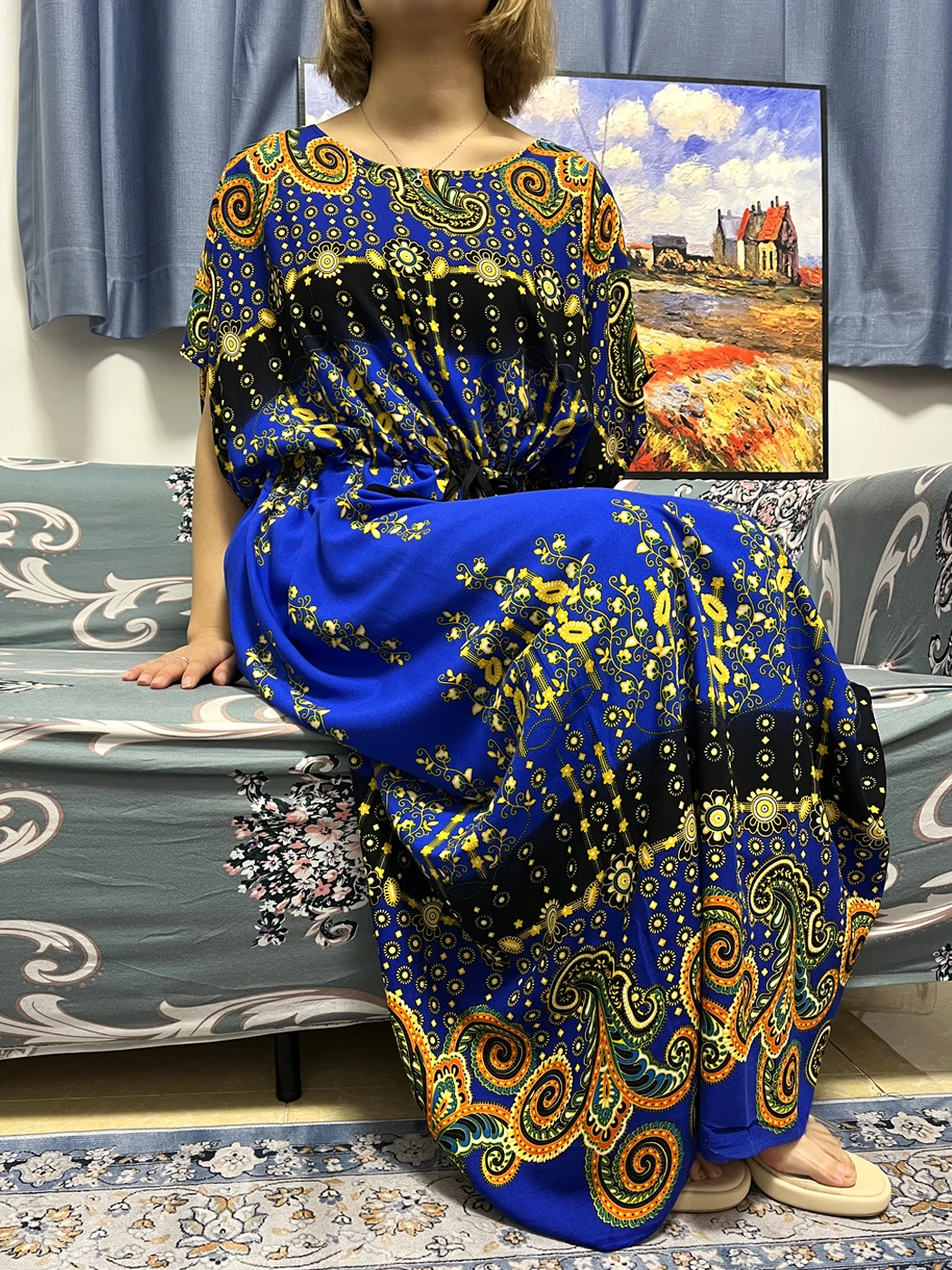 Muslim Abayas For Women Dubai Turkey Print Floral Round Neck Loose African Dress For Women Kaftan Marocain Femme Robe Big Scarf