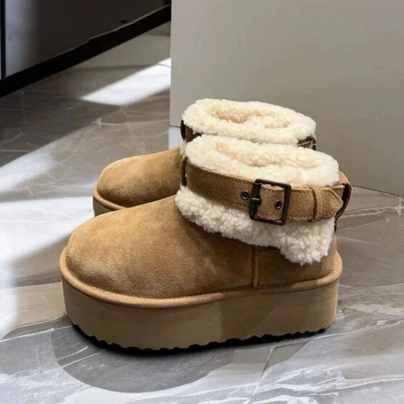 

Buckled Fur Integrated Platform Snow Boots Mini Short Thick Sole Ankle Botines Nubuck Leather Thickened Cotton Furry Women Shoes
