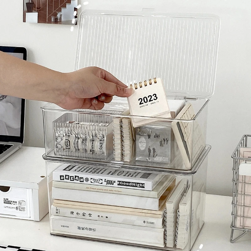 데스크탑 수납함 뚜껑이 있는 대용량 화장품 정리함 투명한 사무용품 책 문서 보관함
