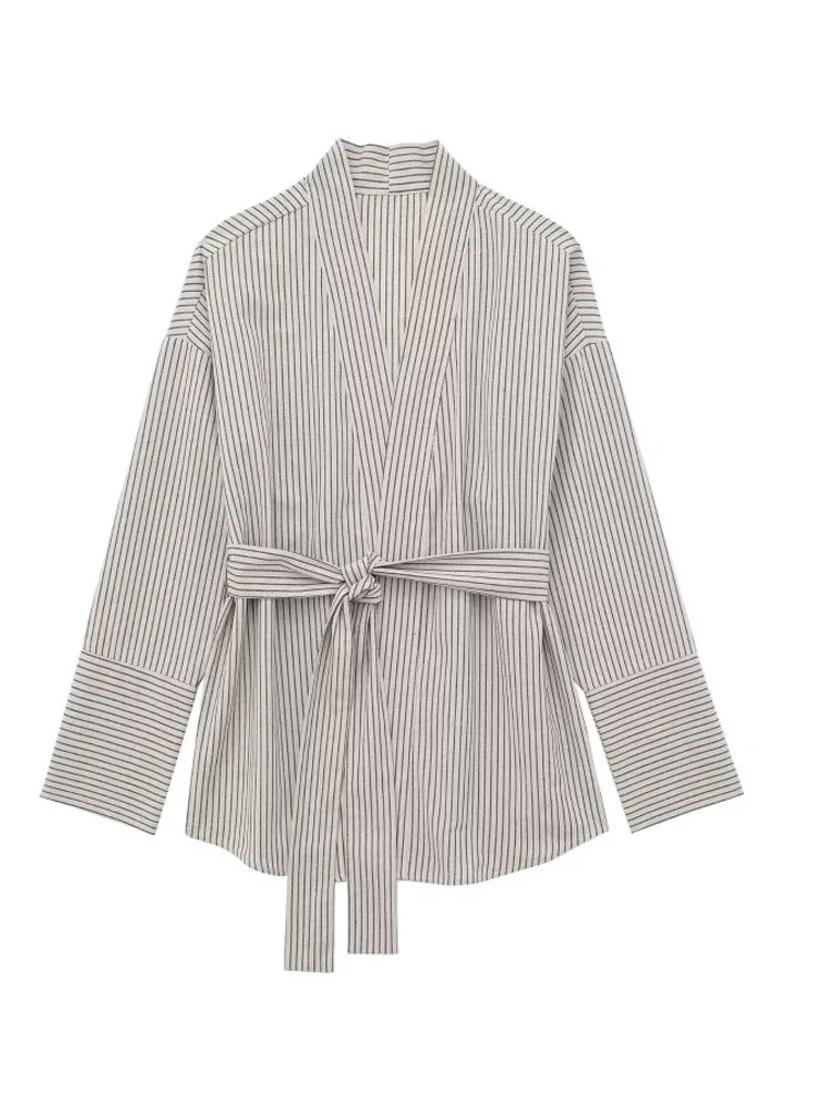 

Kumsvag 2023 Women Spring Kimono Coats Fashion Loose Striped Sashes Bow V-Neck Female Elegant Street Drawstring Outerwear