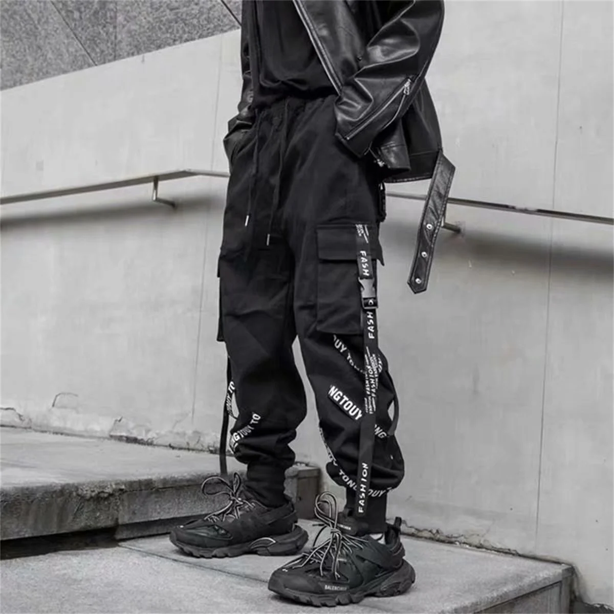 Schwarze Cargohose Herren Jogger Cargohose für Herren Jogging Japanische Streetwear Hip Hop Hippie Techwear Gothic Bandhose