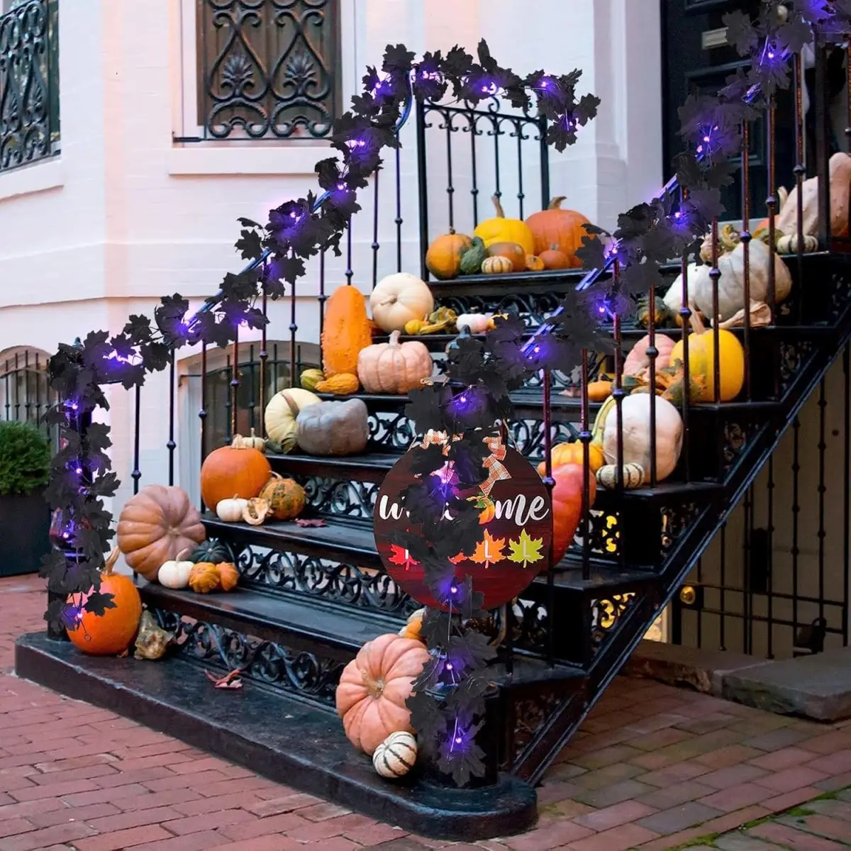Halloween LED Black Leaf Garland - Battery Powered Fall Vine with Purple Lights