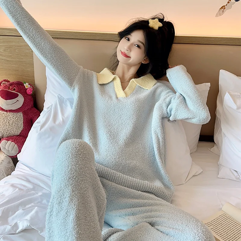 2023 Autumn Winter New Coral Fleece Sleeping Pajamas for Women Fashion Lapel Warm Women's Pajamas Simple Splice Soft Home Wear