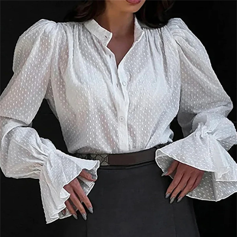 

2024 Spring Polka Dot Print Women Blouse Elegant Stand Collar Button Office Shirt New Autumn Puff Long Sleeve Loose Jacquard Top