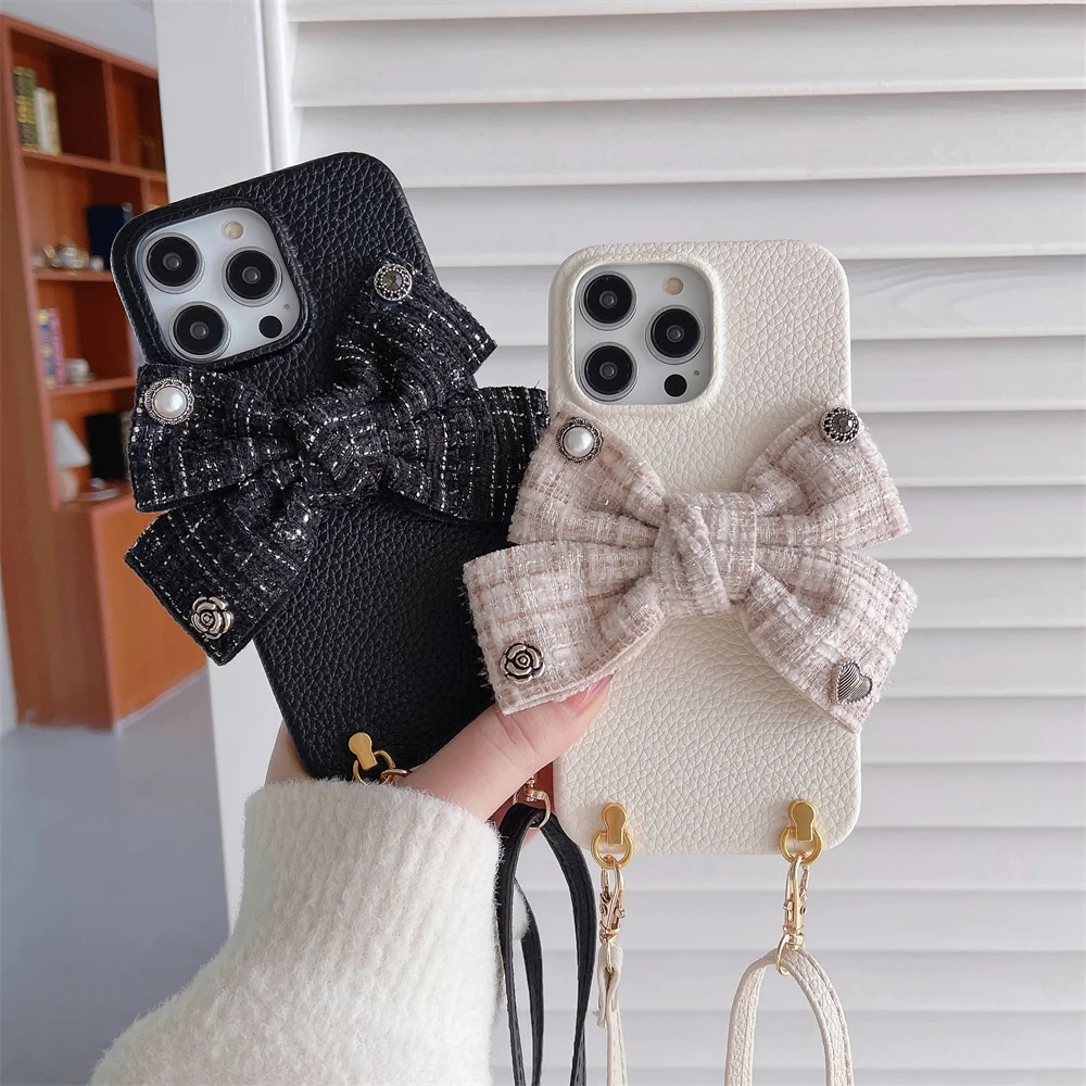 

Luxury Crossbody Lanyard 3D Fabric Bowknot Phone Case for iPhone 11 12 13 14 Pro Max Pearl Love Flower Accessories Leather Cover