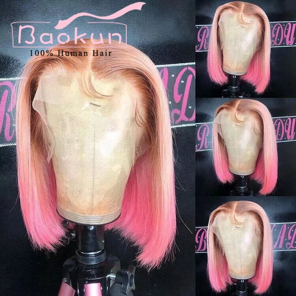 

13x4 Pink Red Short Bob Wig Lace Front Human Hair Wigs Transparent 13x6 HD Lace Frontal Wig Ombre 613 Human Hair Wigs For Women