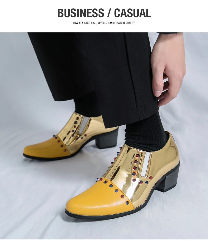 Stilvolle Herren-Kleiderschuhe mit Nieten, Übergröße 46, Slip-On-Leder, formelle Herrenschuhe, goldene Hochzeitsschuhe mit hohen Absätzen, Herren-Chaussure-M hommes – Detail 15