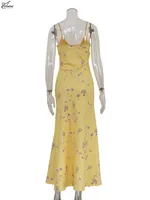 Oymimi Casual Yellow Print Women's Dress Elegant Spaghetti Strap Open Back Dresses Autumn Fashion High Waist Ankle-Length Dress - Image 6
