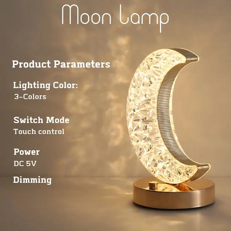 

Bedroom Crystal Touch Dimming Night Light Girls Room Home Decor Aesthetics USB Bedside LED Ambient Table 3d Moon Lamp
