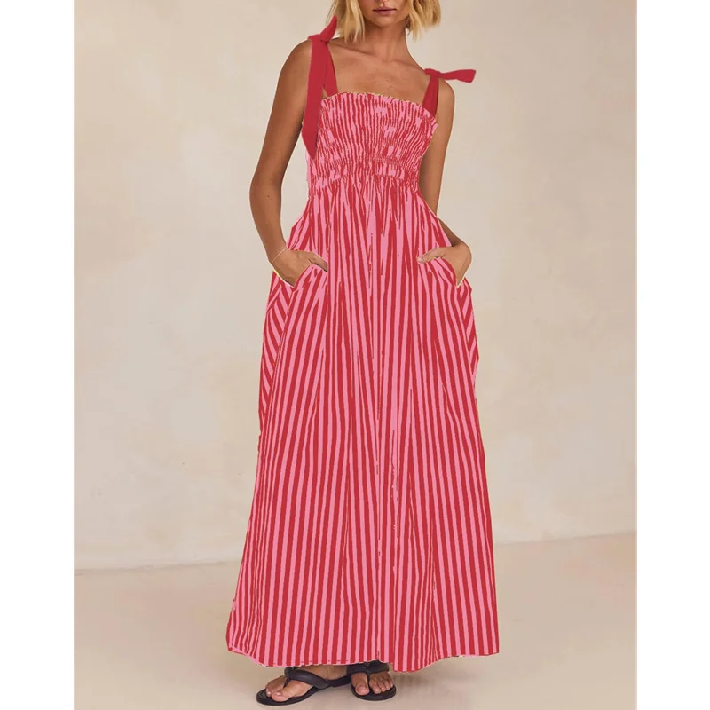 Summer Striped Dress Women Vacation Clothes Square Collar Sleeveless A Line Long Dresses with Pockets Beach Dresses