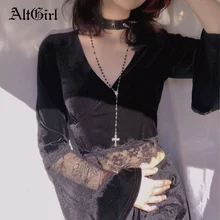 

AltGirl Pastel Goth Velvet T-shirt Women Streetwear Dark Gothic Lace Patchwork Flare Sleeve Tee Tops Y2k Mall Goth V-neck Outfit