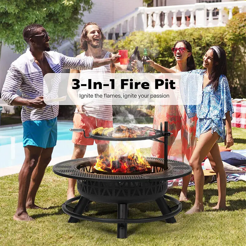 35'' Fire Pit w/ Cooking Grill Grate, Charcoal Pan & Cover Wood Burning Firepits
