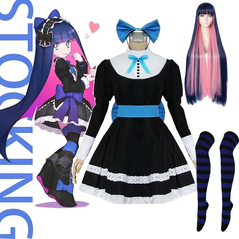 

Panty & Stocking with Garterbelt Heroine Anarchy Stocking Cosplay Costume Black Dresses Long Blue Mix Pink Panty Stocking Wig