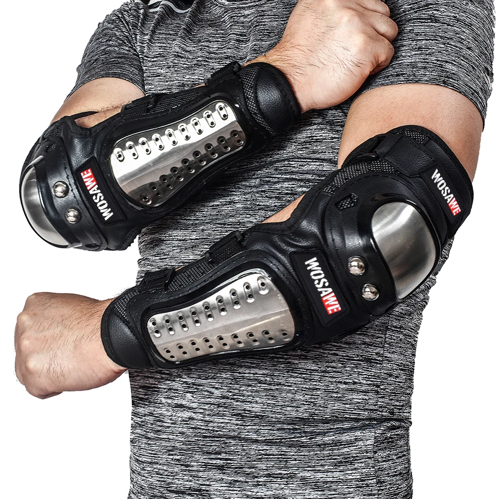 WOSAWE 4Pcs/Set Stainless Steel Elbow Knee Pads Motorcycle Knee Pad Armor Moto Racing Protective Gear Protector Guards Kit