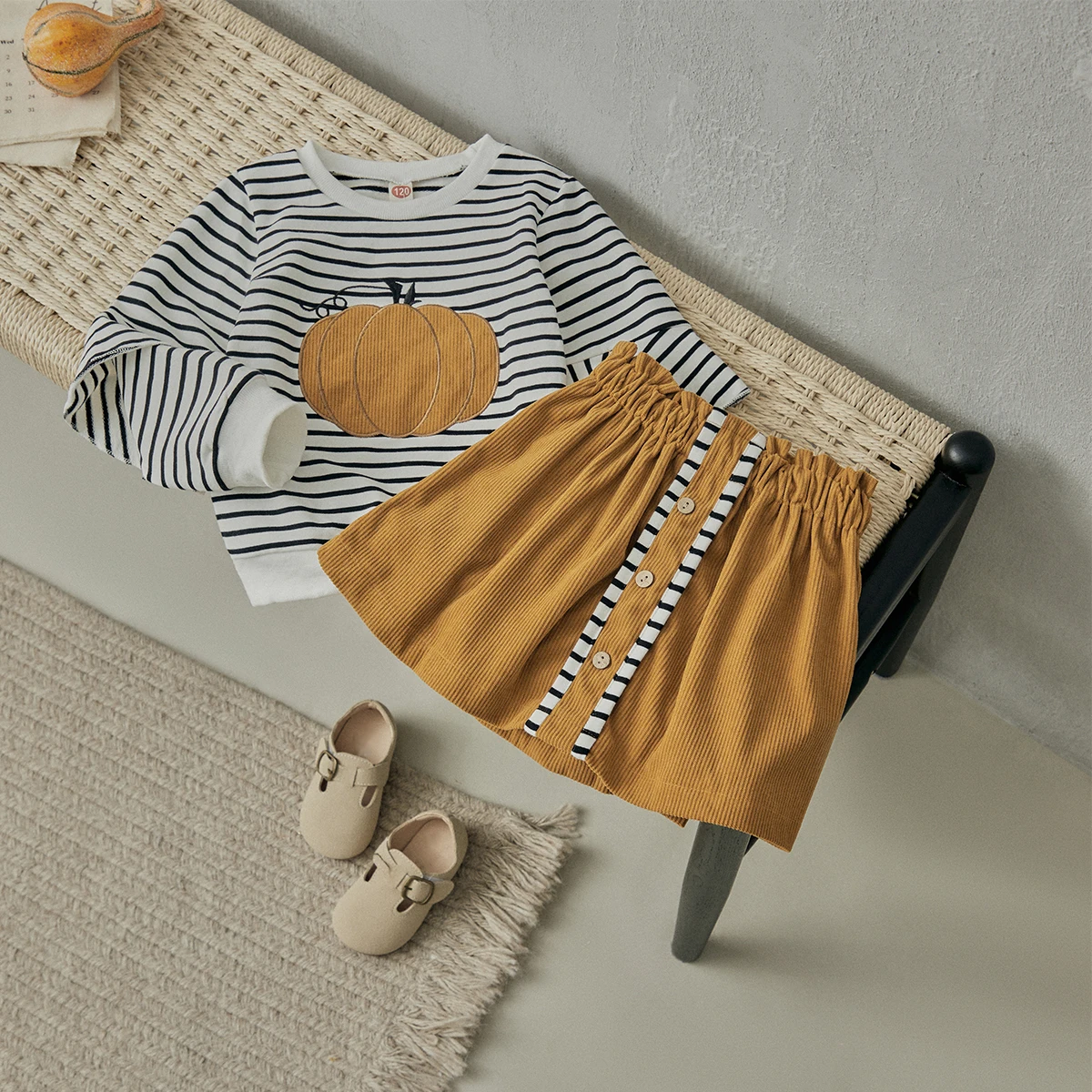 

BeQeuewll Kid Girl Halloween 2Pcs Outfit Stripe Pumpkin Print Ruffled Long Sleeve Sweatshirt Tops A-Line Skirt Set Fall Clothes