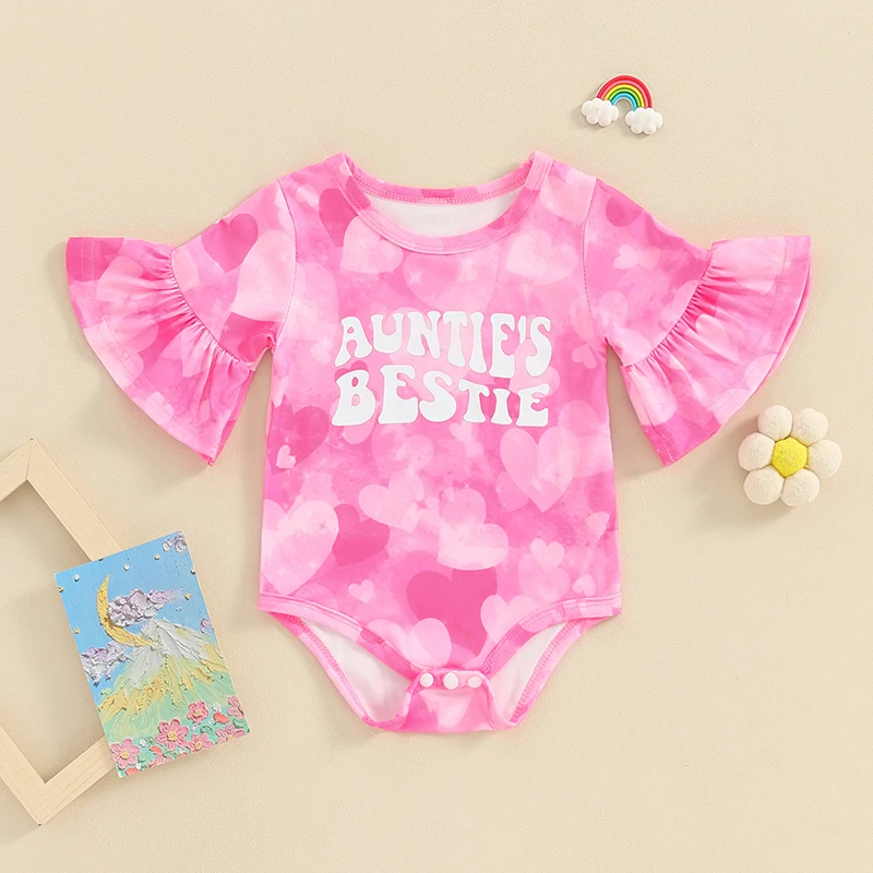 

Infant Baby Girls Spring Outfits Heart Letter Print Aunties Bestie Bell Sleeve Romper Baby Girl Jumpsuit