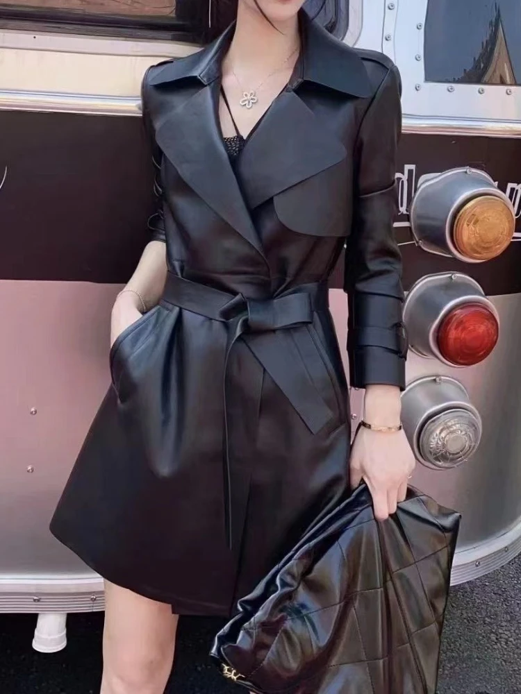 Autumn 2022 New Fashion Lace Up Waist Collection Leather Dress Mid Length Washed Sheepskin Windbreaker Coat