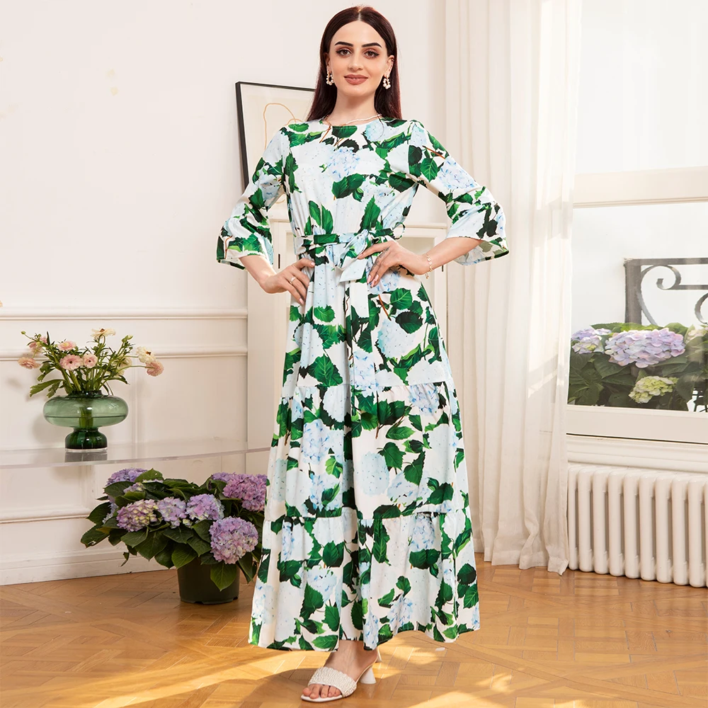 Elegant style Round neck Flowers Plant Belt Ruffle Lantern sleeve Long Dresses