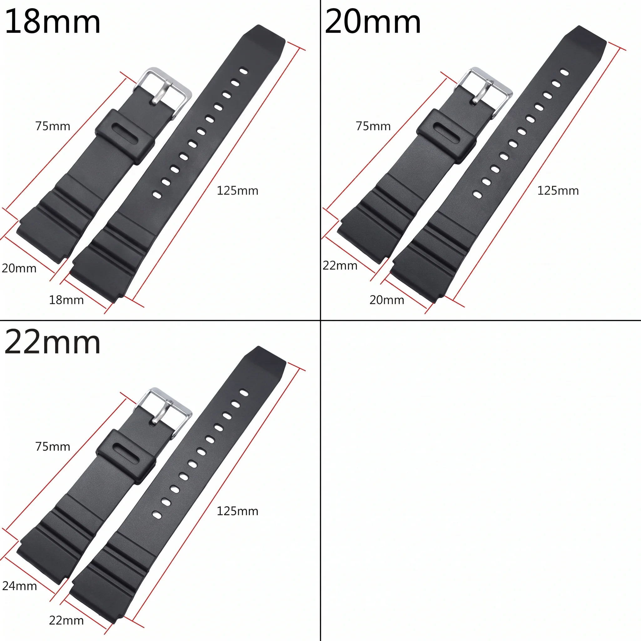 Men's Black Silicone Sports Diving Watchband with Silver Stainless Steel Buckle
