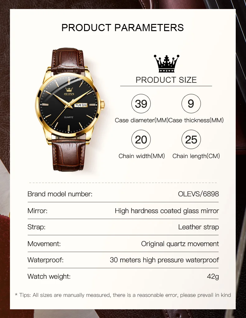 OLEVS 6898 Watch For Men Simple Week Calendar Display Quartz Leather Wristwatch Original 30M Waterproof Luminous Man Dress Watch