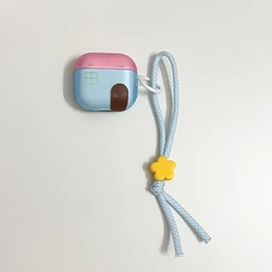 Adorable Cartoon House Earphone Cover with Lanyard - Two - Tone Matte Finish - AirPods 4 (Blue With Pendant)
