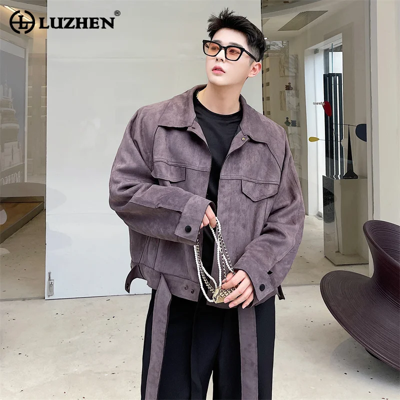 

LUZHEN Men's Stylish Elegant Ribbon Decorate Original Casual Suede Jacket 2024 Spring New Trendy High Quality Short Coat 04104d