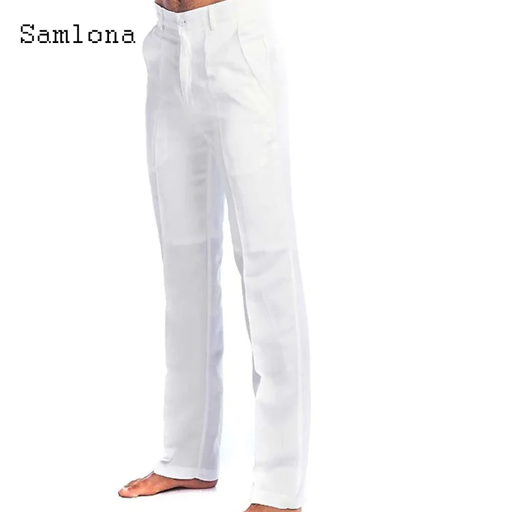 Men Stand Pocket Casual Linen Pants Solid White Gray Trouser Plus Size 3xl