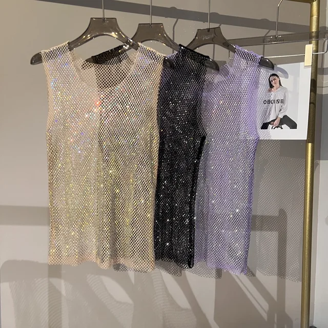 Women&Men Crystal  Rhinestones Shiny Sexy Y2K Tank Tops High Quality Party Club Sexy See Through Mesh Hollow Out Diamond shirt
