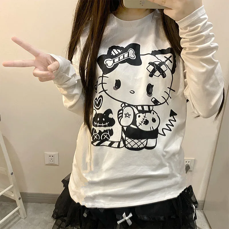 

Kawaii Sanrioed аниме Новинка Hellokittyed весна-осень круглый вырез с длинными рукавами футболка Симпатичный мультфильм Свободный пуловер Топ