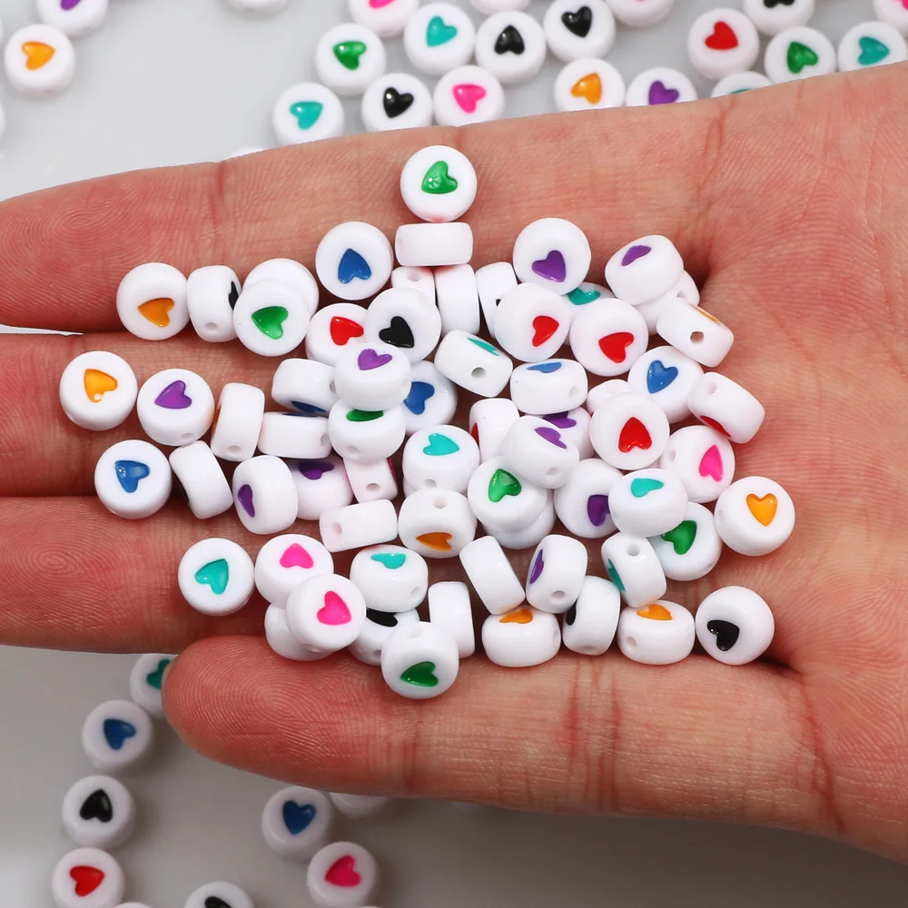 100Pcs 7mm White Multicolor Heart Pattern Acrylic Beads Flat Round Loose Spacer Beads For  Jewelry Making DIY Necklace Bracelet