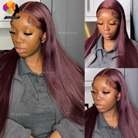 Perruque Lace Frontal Wig naturelle Remy, cheveux lisses péruviens, 13x6, bordeaux foncé 99J, pre-plucked, 180% 4
