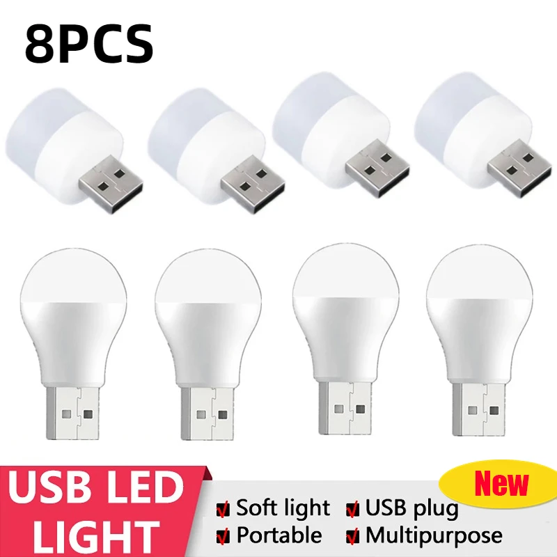 Lampe LED USB pour la Protection des yeux, 8 pièces, petite lampe ronde de  lecture pour ordinateur, chargeur Mobile, veilleuse