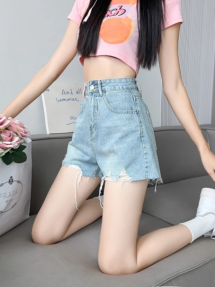 Retro High Waist Denim Shorts Women Sexy Hole Frayed Slit Jeans Summer Fashion Streetwear Harajuku Casual Slim A-Line Hot Pants