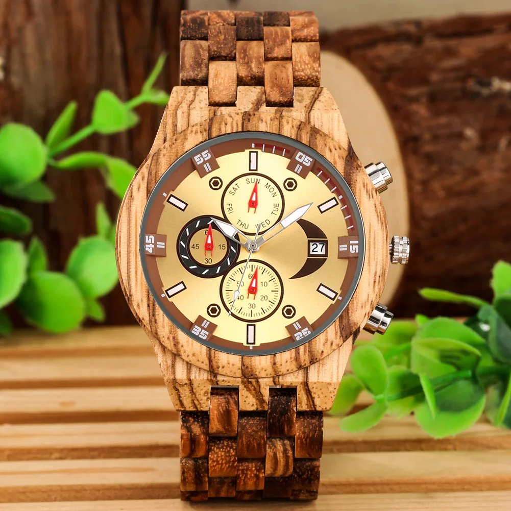 Men's Vintage Quartz Chronograph with Wooden Bangle and Calendar Function