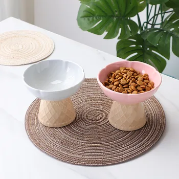 Ceramic Cat Bowl Ice Cream Shape Dog Puppy Feeder Feeding and Eating Food Water Elevated Raised Dish for Cats Pet Supplies