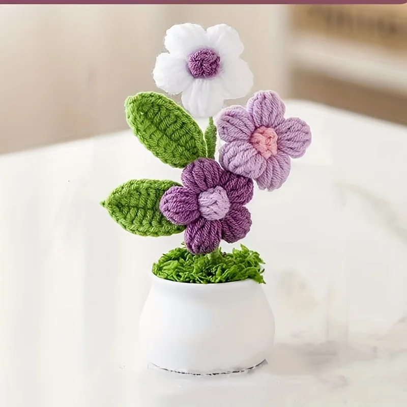 DIY Handwoven Mini Potted Flower Rose Office Desktop Ornamental Potted Plants Woolen Thread Finished Product Home Decoration