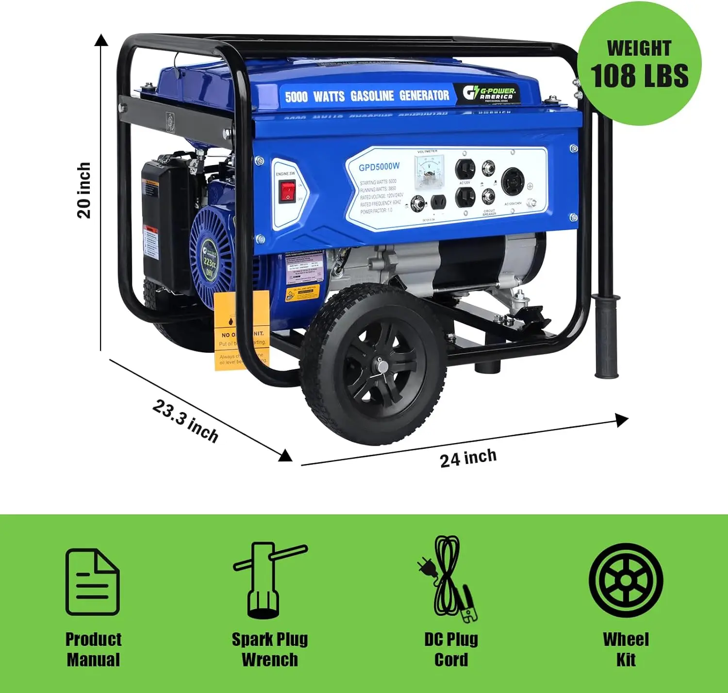 Description Picture 4 of itemGasoline Generator GPD5000W, Green/Black