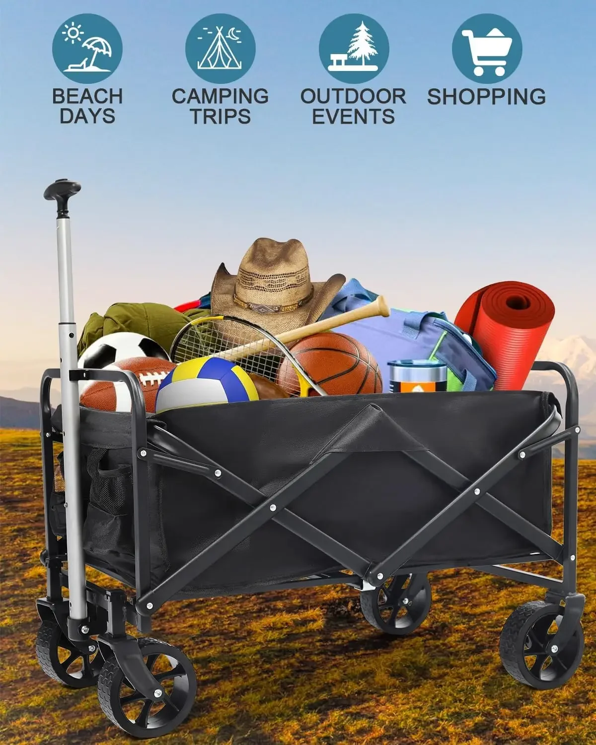 Portable Hand Cart Utility Wagon Wheels Collapsible Wagon Two Drink Holders