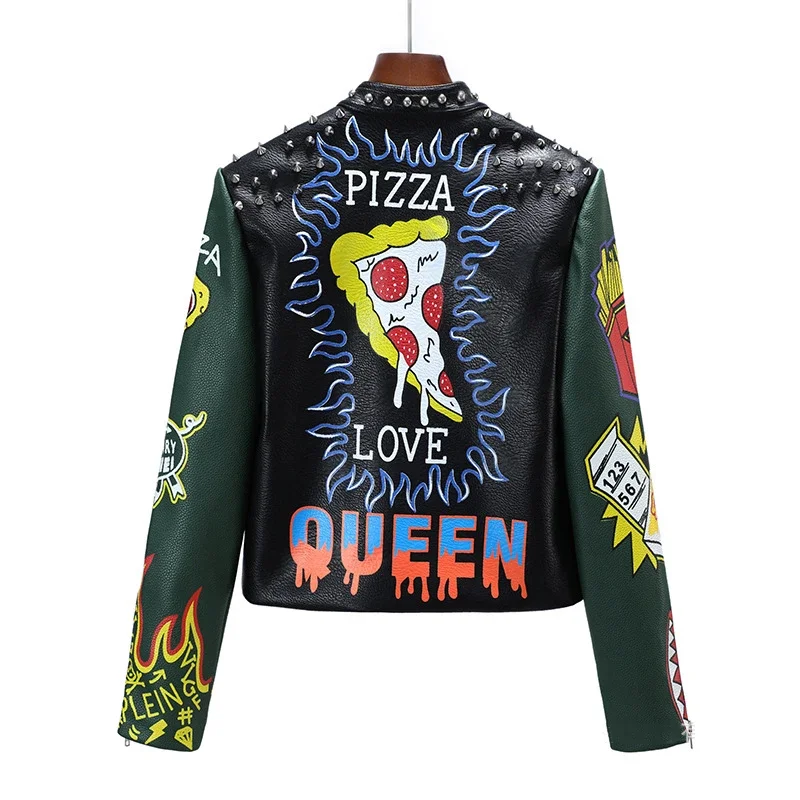 Cropped Graffiti Print Leather Jacket for Women 2024 Trend Rivets Punk Style Streetwear Contrast Faux Leather Motorcycle Jackets