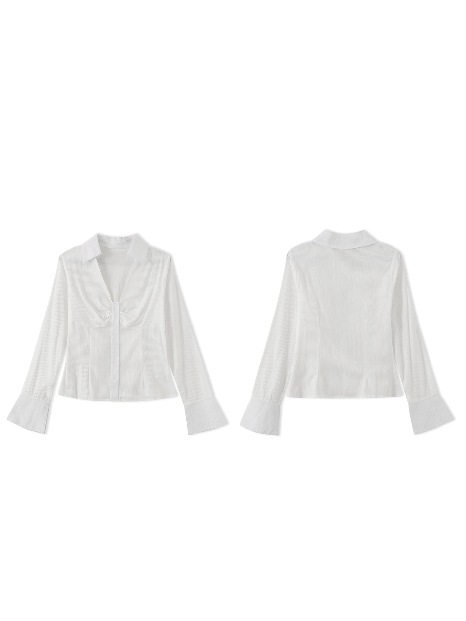 Women s Long Sleeve V Neck Button Down Casual Striped Blouse with Ruched Chest Detail and  Fit Design