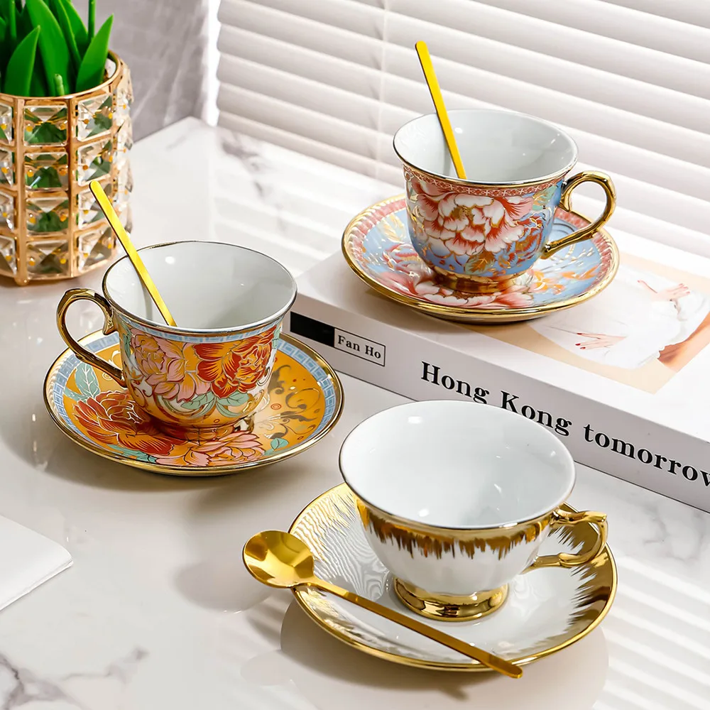

European Style tracing gold coffee cup and saucer with spoon coffee tea cup set coffee dishes Ceramic coffee cup gift for friend