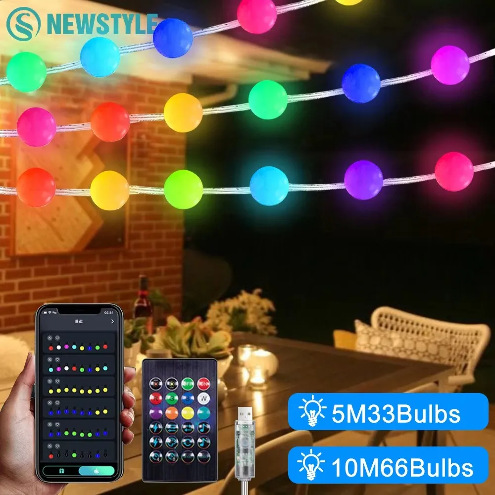 LED String Lights Outdoor RGB String Lights 10M 66Bulbs Smart APP Bluetooth Control LED Light String For Indoor Outdoor Party Christmas Decor