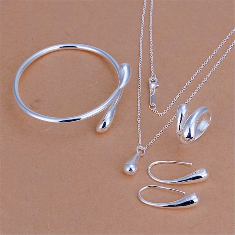 Charms 925 Sterling Silver Water drop Pendant bangle Bracelet necklace earring ring for women Fashion Party Jewelry set