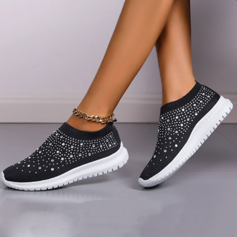 

Crystal Sneakers Spring Summer Fashion Breathable Mesh Slip On Flat Shoes For Women 2023 Outdoor Walking Loafers Zapatos Mujer
