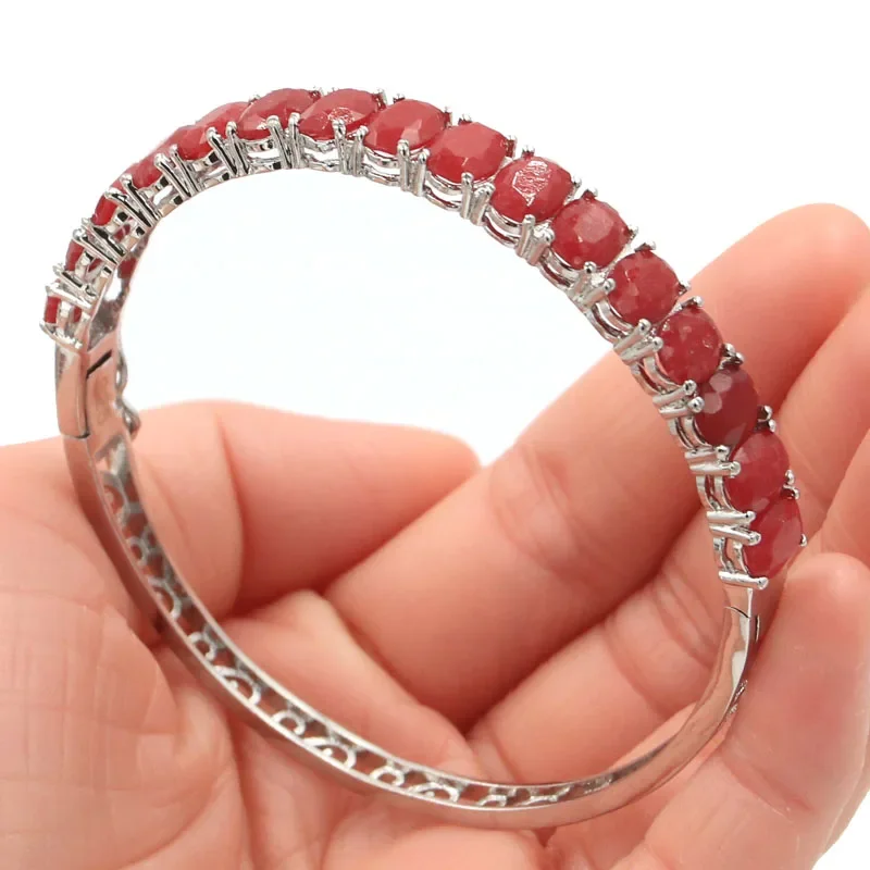 

8x6mm Highly Recommend 16g Real Red Ruby Women Present Silver Bangle Bracelet 8.5"